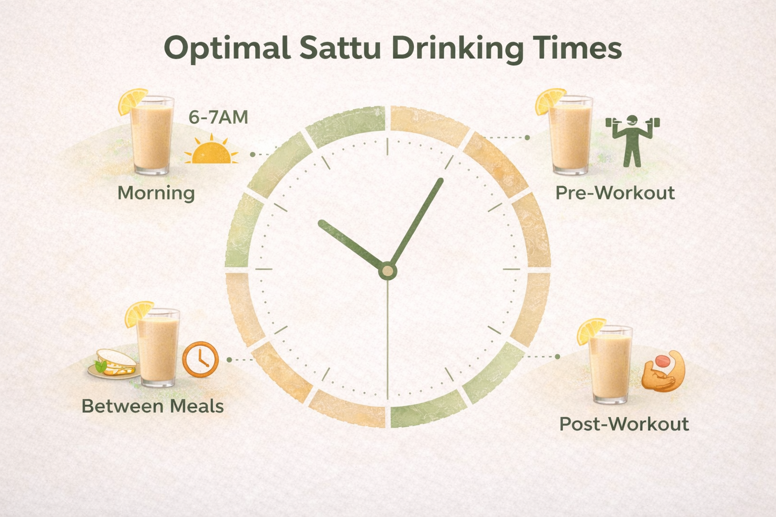 Clock infographic showing optimal times to drink sattu - morning, pre-workout, post-workout