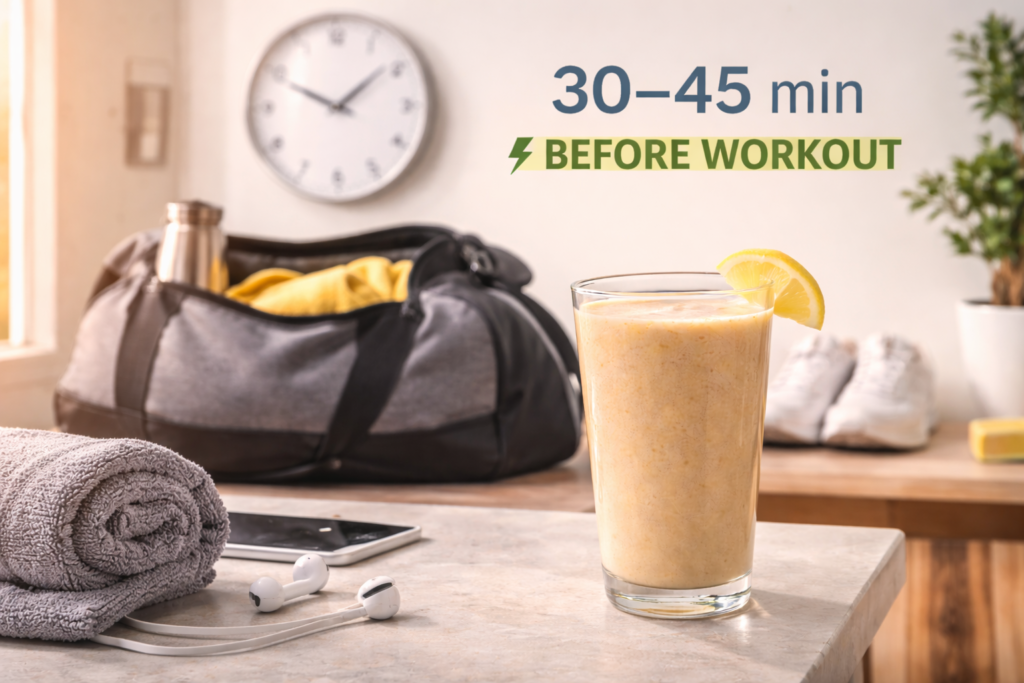 Clock showing 30-45 minutes before workout with gym bag and sattu drink