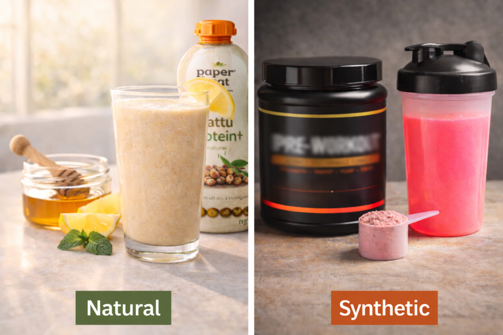 Comparison showing natural pre workout drink versus synthetic supplement powder