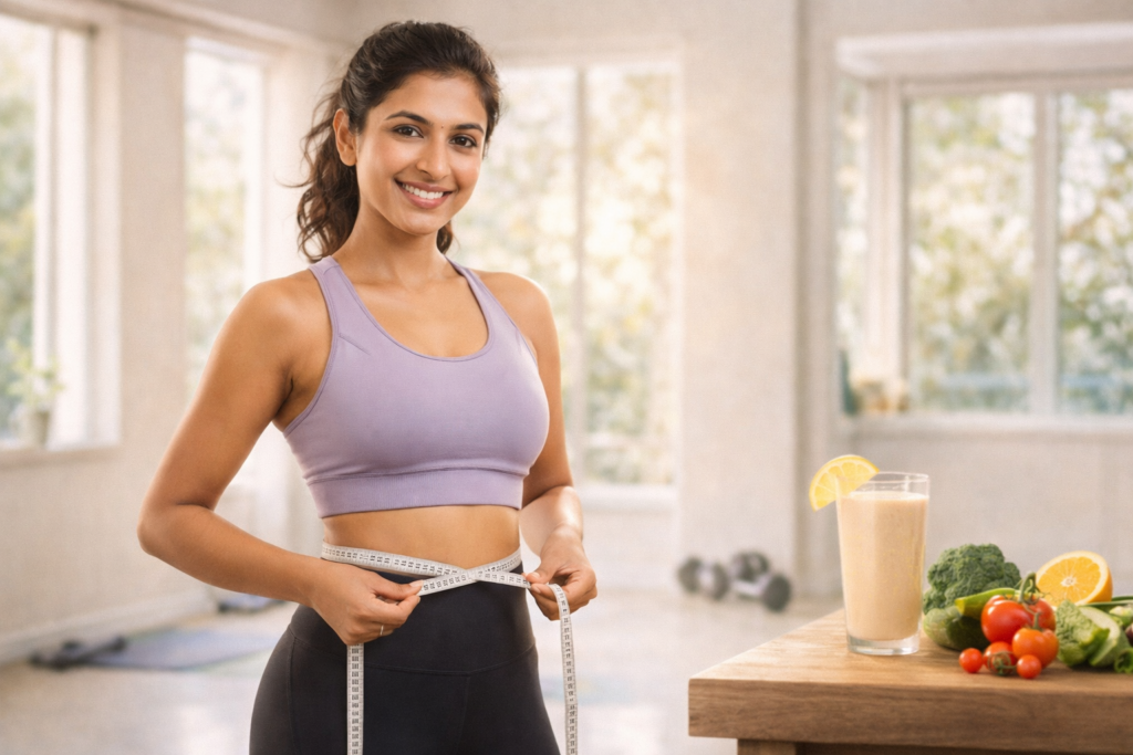 Fit person measuring waist with sattu drink and healthy foods nearby