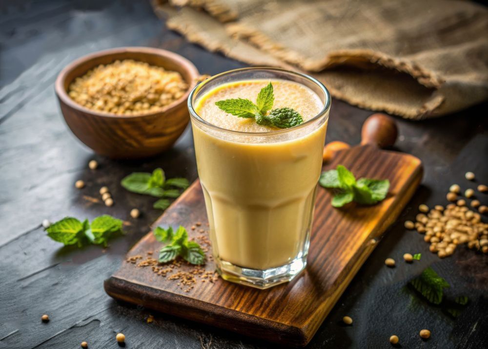 Glass of sattu drink with roasted chana and lemon on a rustic wooden table