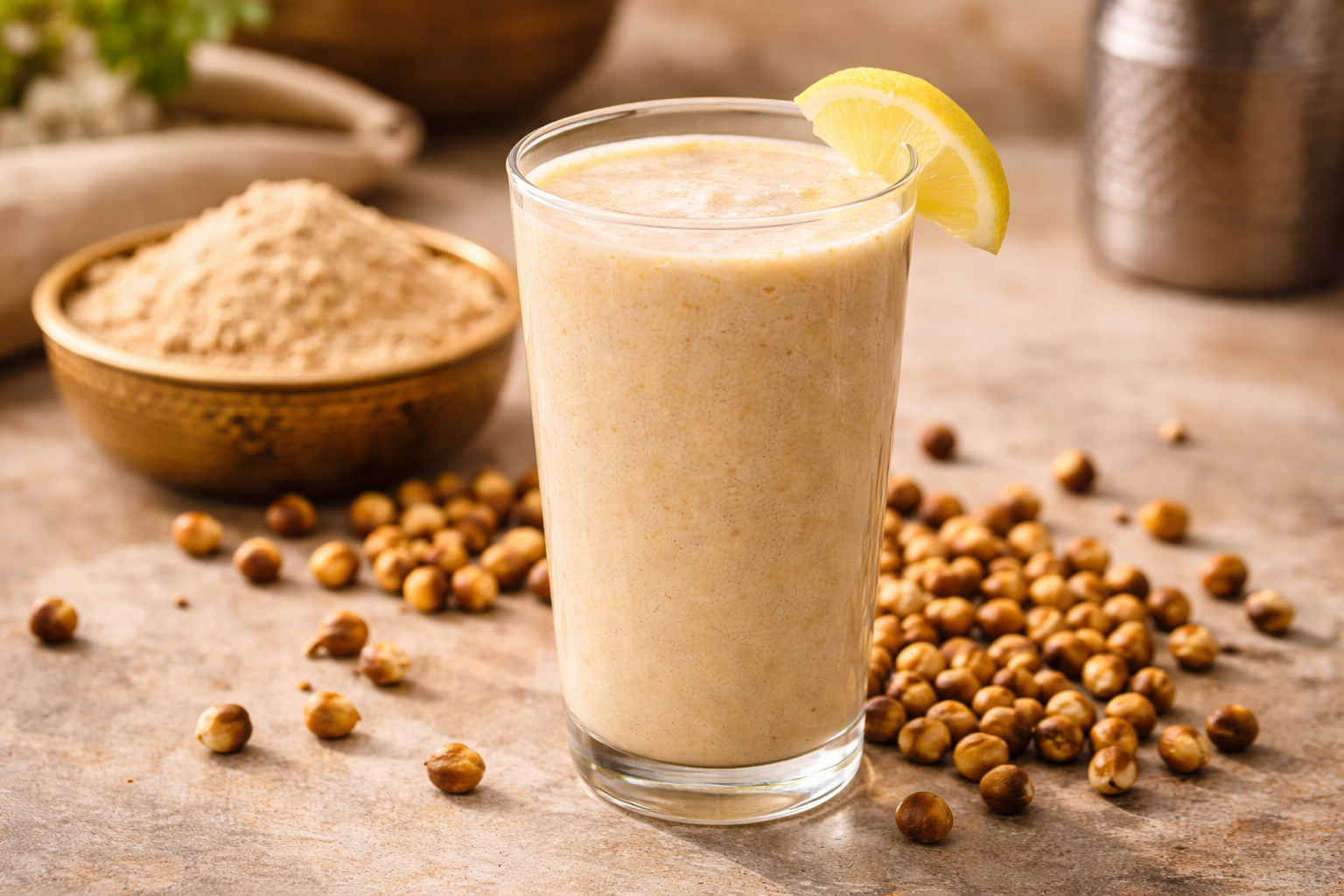 Glass of sattu protein shake with roasted chana and traditional Indian elements