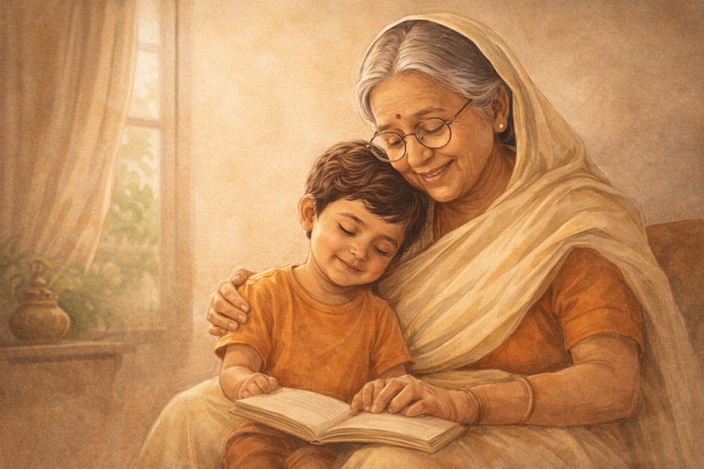 Illustration of grandmother sharing a traditional Indian drink with a child