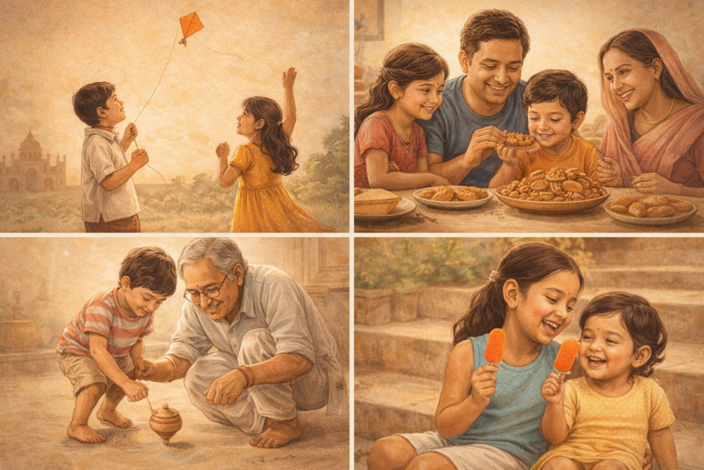 Illustrations showing family moments and Indian childhood memories