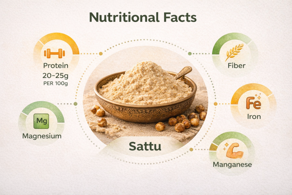 Infographic showing sattu nutritional breakdown with protein, fiber, and minerals
