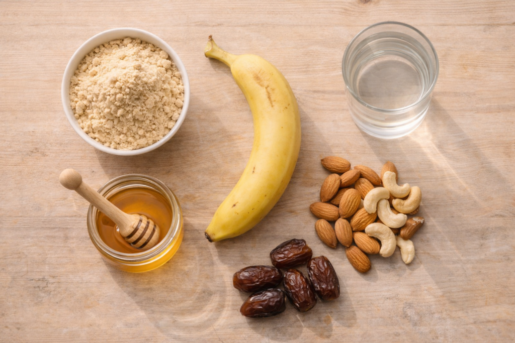 Natural pre workout ingredients including banana, nuts, coconut water and sattu powder
