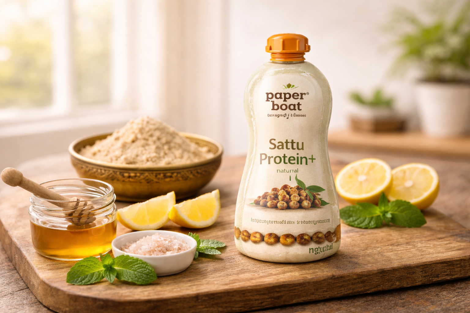 Paper Boat Sattu Protein Plus bottle on a rustic surface with natural ingredients like roasted chana, lemon, and honey in warm light