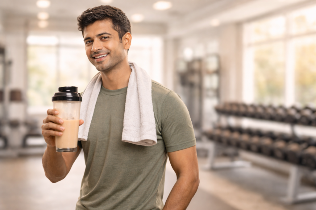 Person at gym with sattu drink bottle, showcasing easy fitness integration