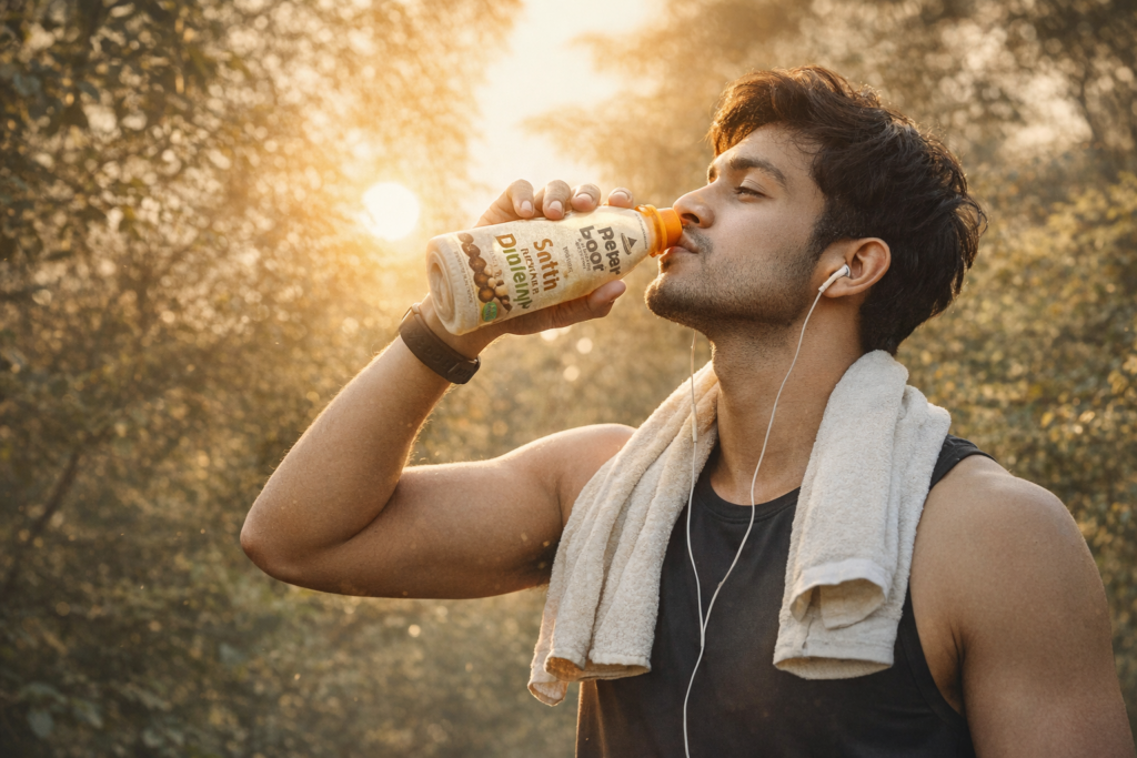 Person enjoying a sattu protein drink in morning light