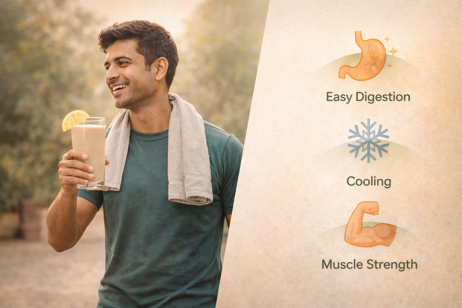 Person feeling energetic after drinking sattu with icons showing digestion, cooling, and protein benefits