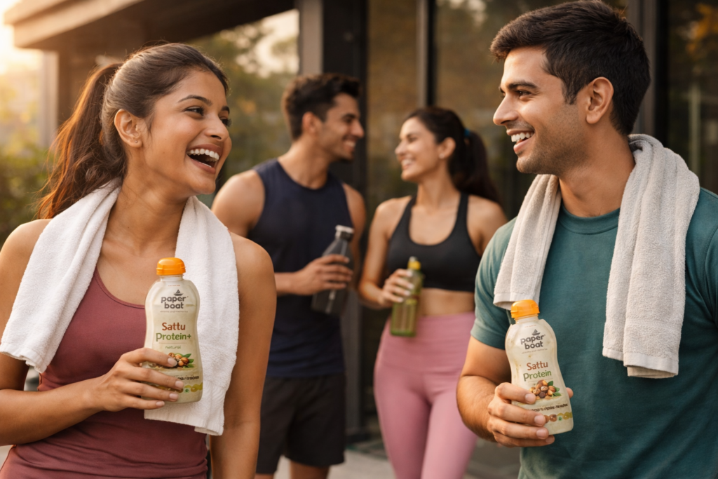 Person holding sattu protein drink after workout