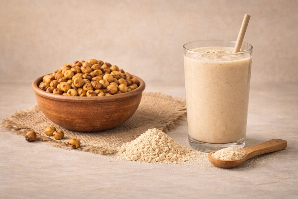 Natural protein from roasted chana. No artificial additives. Light on your stomach. Familiar taste. Like sattu sharbat from home. Gives you steady energy. Not a spike. Easy to digest. Easy to carry. Easy to finish.