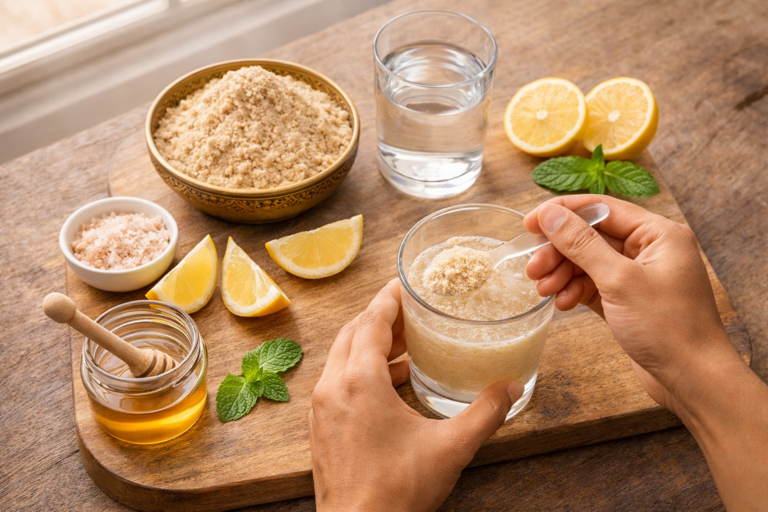 Step-by-step sattu drink preparation with ingredients laid out