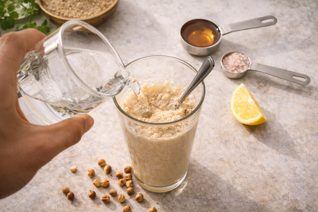 Step-by-step sattu pre workout drink preparation with measured ingredients